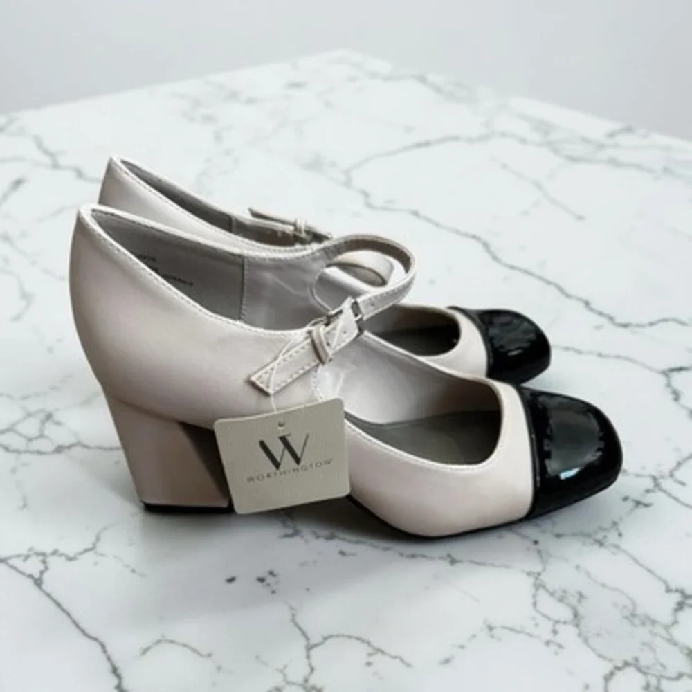 Worthington Women's Cream/Black Colorblock Mary Jane Round Toe Heels Size 9M